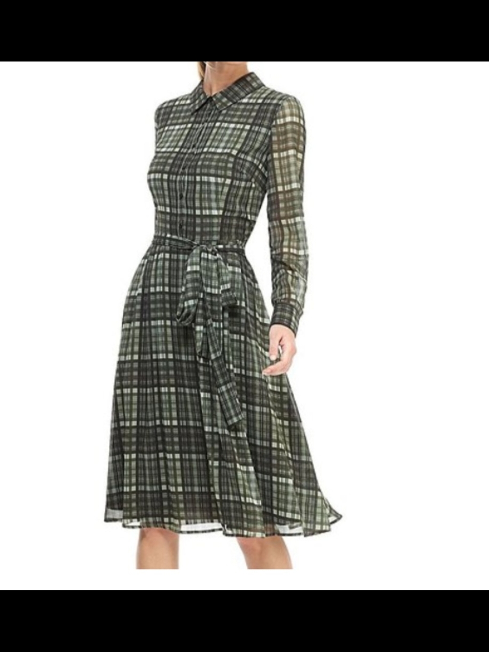 Gal Meets Glam Green Plaid Long-Sleeve Midi Dress with Waist Tie